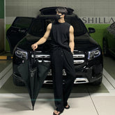 Hearujoy 2024 Fashion Men Tank Tops Tshirt Sets Tracksuit Sportswear Solid Stripe Drape Vest+Trousers 2 Piece Streetwear Suit Male